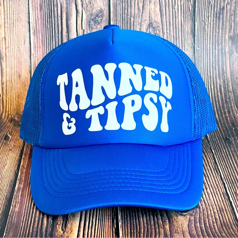Tanned & Tipsy Blue Trucker Hat Bachelorette Beachy New
